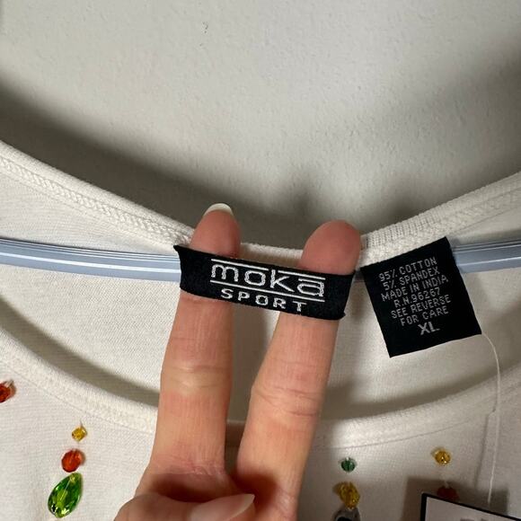 NWT Moka Sport White Rainbow Jeweled Rhinestone Cotton Blend Top Women's XL - Picture 4 of 7